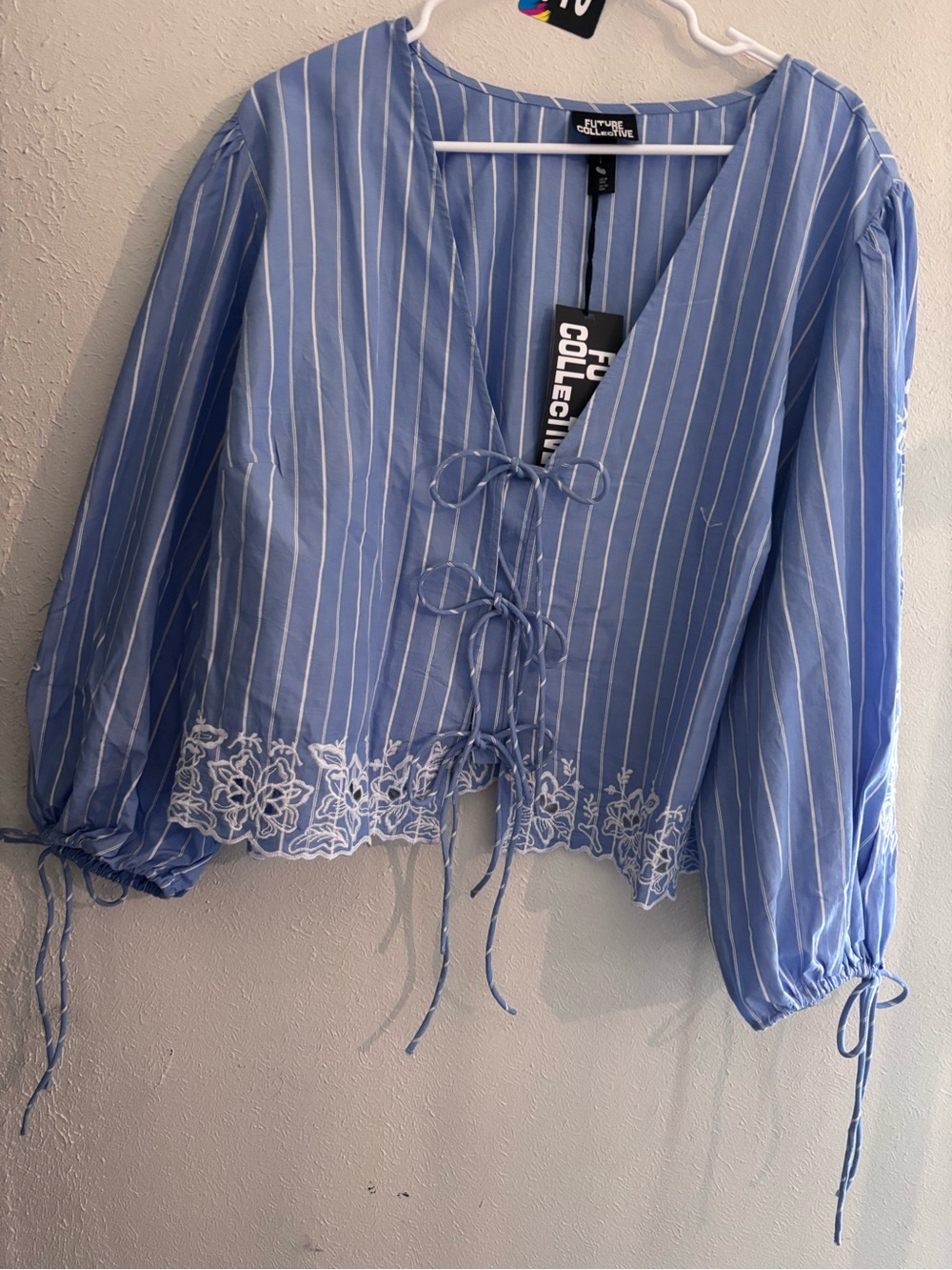 Future Collective Sky Blue Striped Tie-Front Blouse with White Embroidery